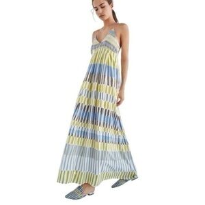 Massimo Dutti Yellow and Blue Silk Striped Maxi Dress